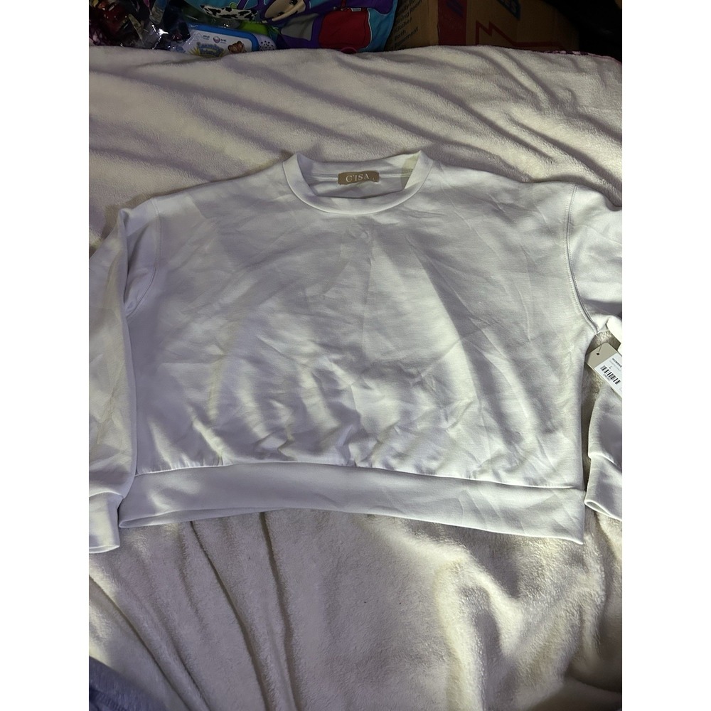 C'ISA Womens White Cropped Pullover Sweatshirt Long Sleeve Stretch‎ Top Large